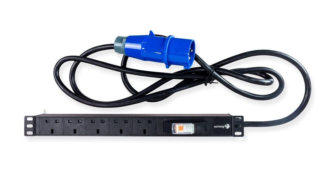 5 Way Horizontal PDU with 5 x UK Sockets, 1 x 32A Circuit Breaker (Schneider) and 3 Mtr IEC60309 type Power Plug