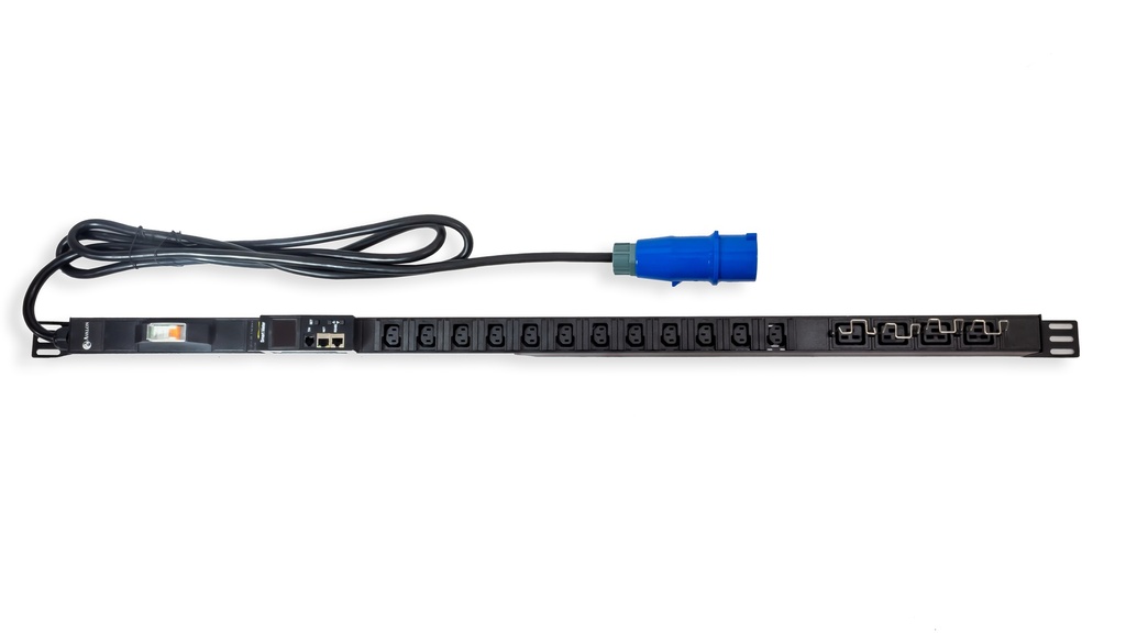 16 Way Smart Vertical PDU with 12 x C13 Sockets + 4 x C19 Sockets, 1 x 32A Circuit Breaker (Schneider) and 3 Mtr IEC60309 type Power Plug