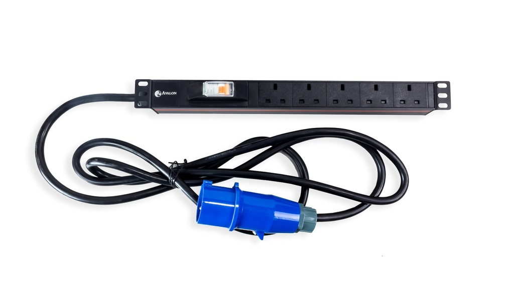 5 Way Horizontal PDU with 5 x UK Sockets, 1 x 32A Circuit Breaker (Schneider) and 3 Mtr IEC60309 type Power Plug
