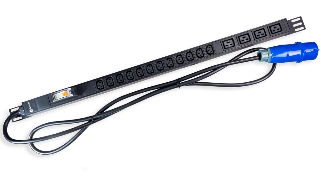 16 Way Vertical PDU with 12 x C13 unlockable + 4 x C19 unlockable sockets, 1 x 32A Circuit Breaker (Schneider) and 3 Mtr Power Cord with IEC60309 Industrial Plug