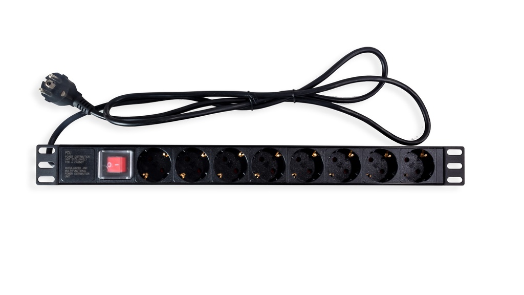8 Way Horizontal PDU with 8 x German / French Sockets, 13A and 1.8 Mtr UK Type Power Plug